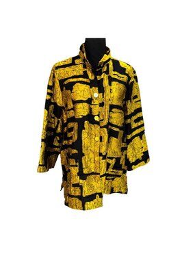 Ali Miles Gold Black Textured Button Tunic Shirt Jacket Women L Artsy Lagenlook